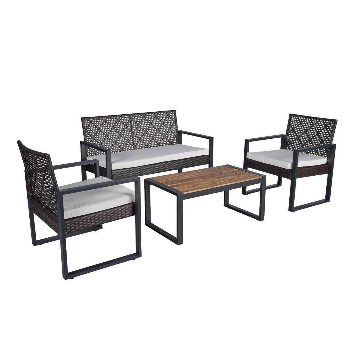 Modern 4 - Piece PE Rattan Acacia Wood Outdoor Furniture Set - Serenova - Omega Lifestyles