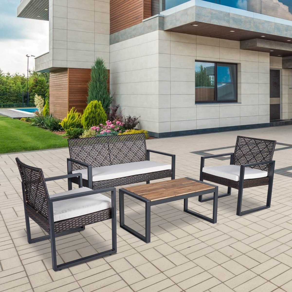 Modern 4 - Piece PE Rattan Acacia Wood Outdoor Furniture Set - Serenova - Omega Lifestyles