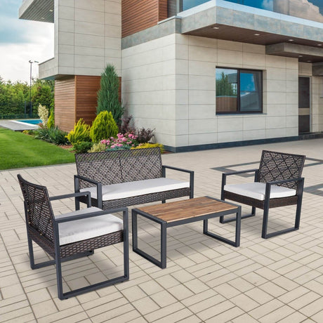 Modern 4 - Piece PE Rattan Acacia Wood Outdoor Furniture Set - Serenova - Omega Lifestyles
