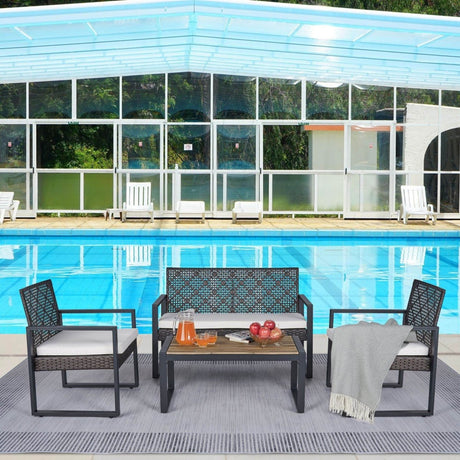 Modern 4 - Piece PE Rattan Acacia Wood Outdoor Furniture Set - Serenova - Omega Lifestyles