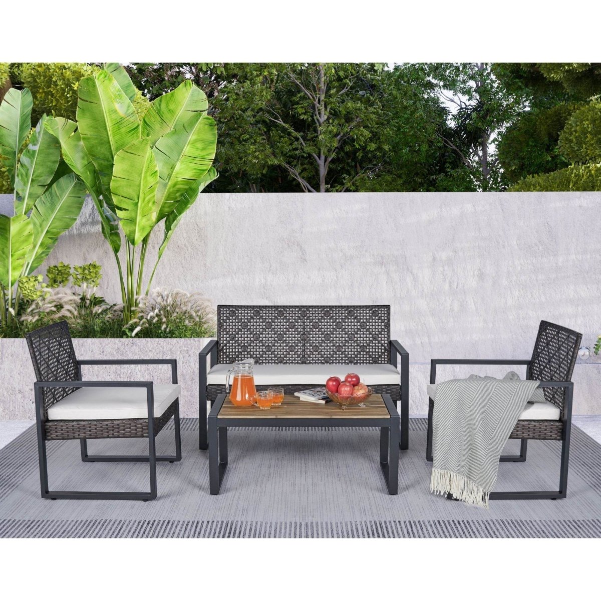Modern 4 - Piece PE Rattan Acacia Wood Outdoor Furniture Set - Serenova - Omega Lifestyles