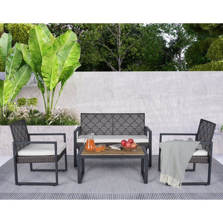 Modern 4 - Piece PE Rattan Acacia Wood Outdoor Furniture Set - Serenova - Omega Lifestyles