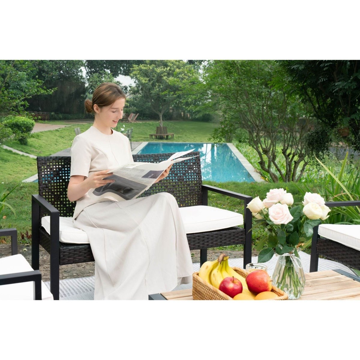 Modern 4 - Piece PE Rattan Acacia Wood Outdoor Furniture Set - Serenova - Omega Lifestyles