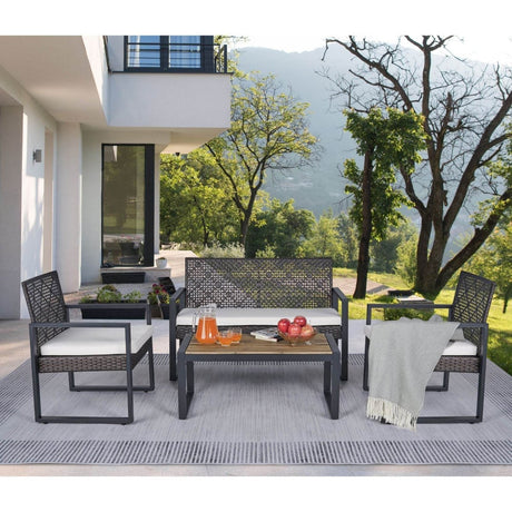 Modern 4 - Piece PE Rattan Acacia Wood Outdoor Furniture Set - Serenova - Omega Lifestyles