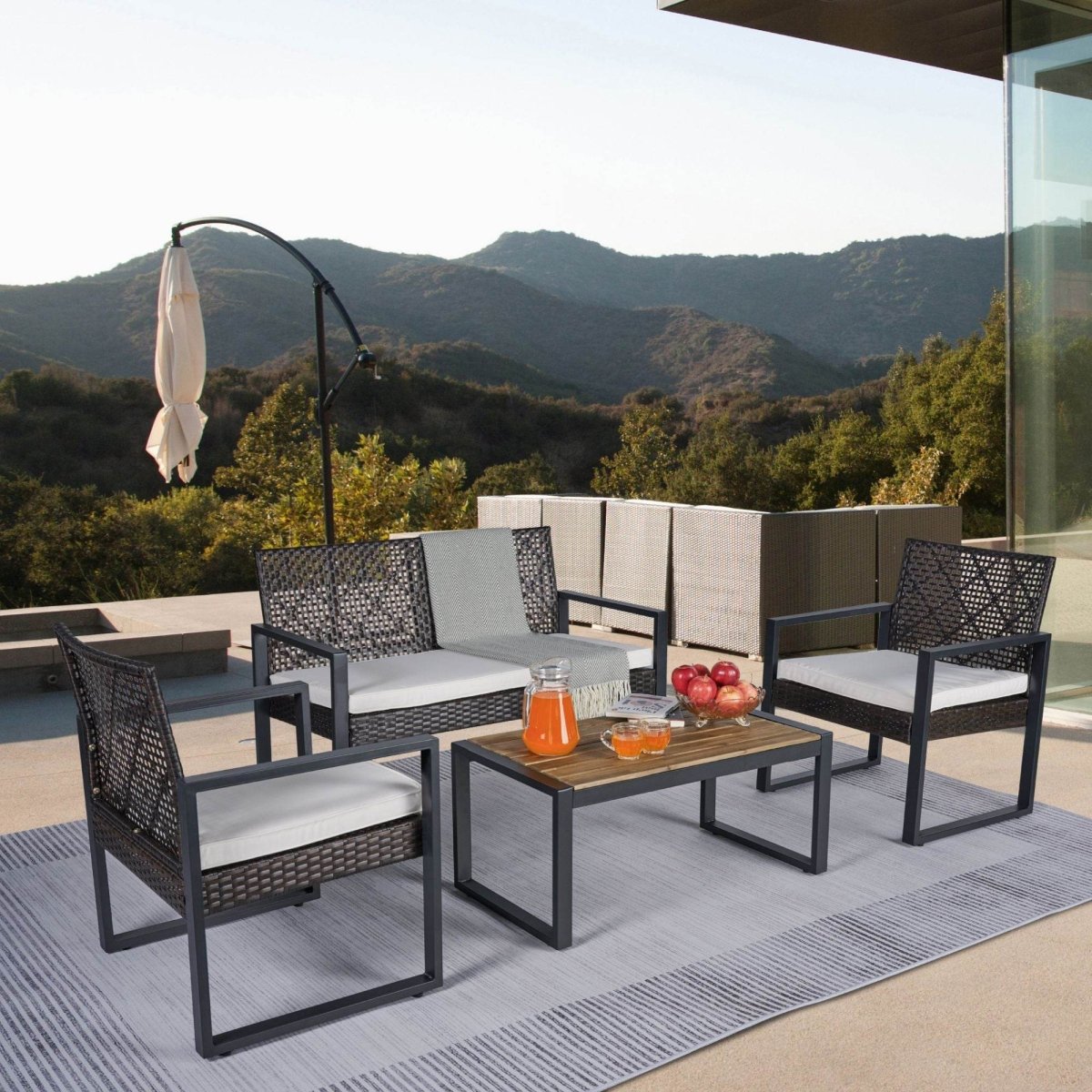 Modern 4 - Piece PE Rattan Acacia Wood Outdoor Furniture Set - Serenova - Omega Lifestyles