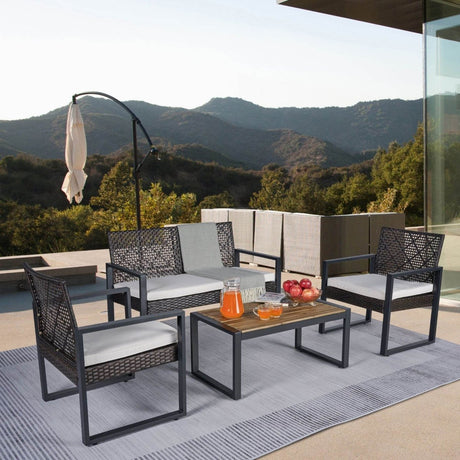 Modern 4 - Piece PE Rattan Acacia Wood Outdoor Furniture Set - Serenova - Omega Lifestyles