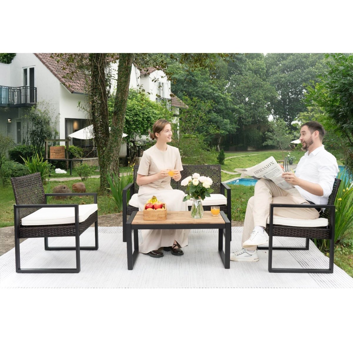Modern 4 - Piece PE Rattan Acacia Wood Outdoor Furniture Set - Serenova - Omega Lifestyles