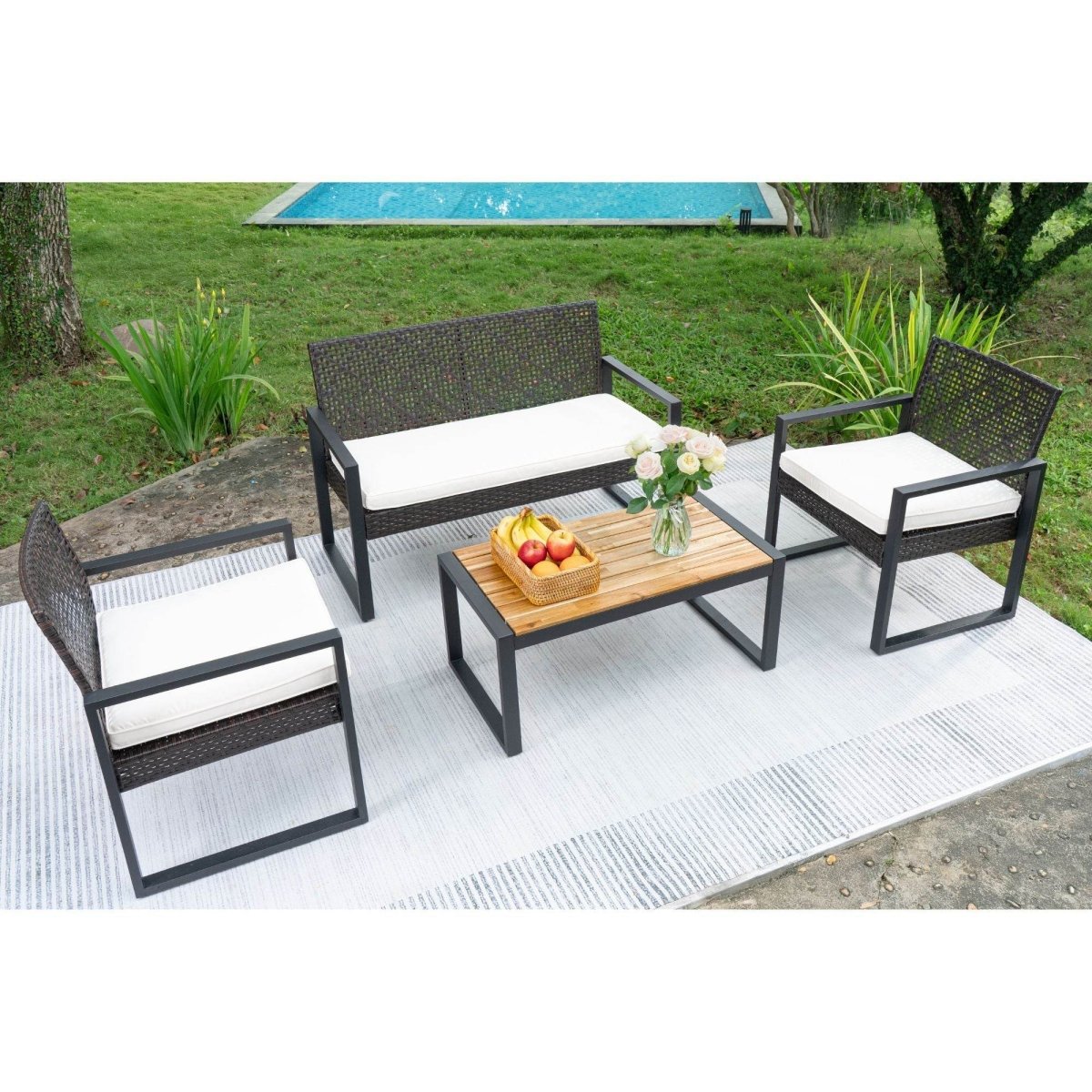 Modern 4 - Piece PE Rattan Acacia Wood Outdoor Furniture Set - Serenova - Omega Lifestyles