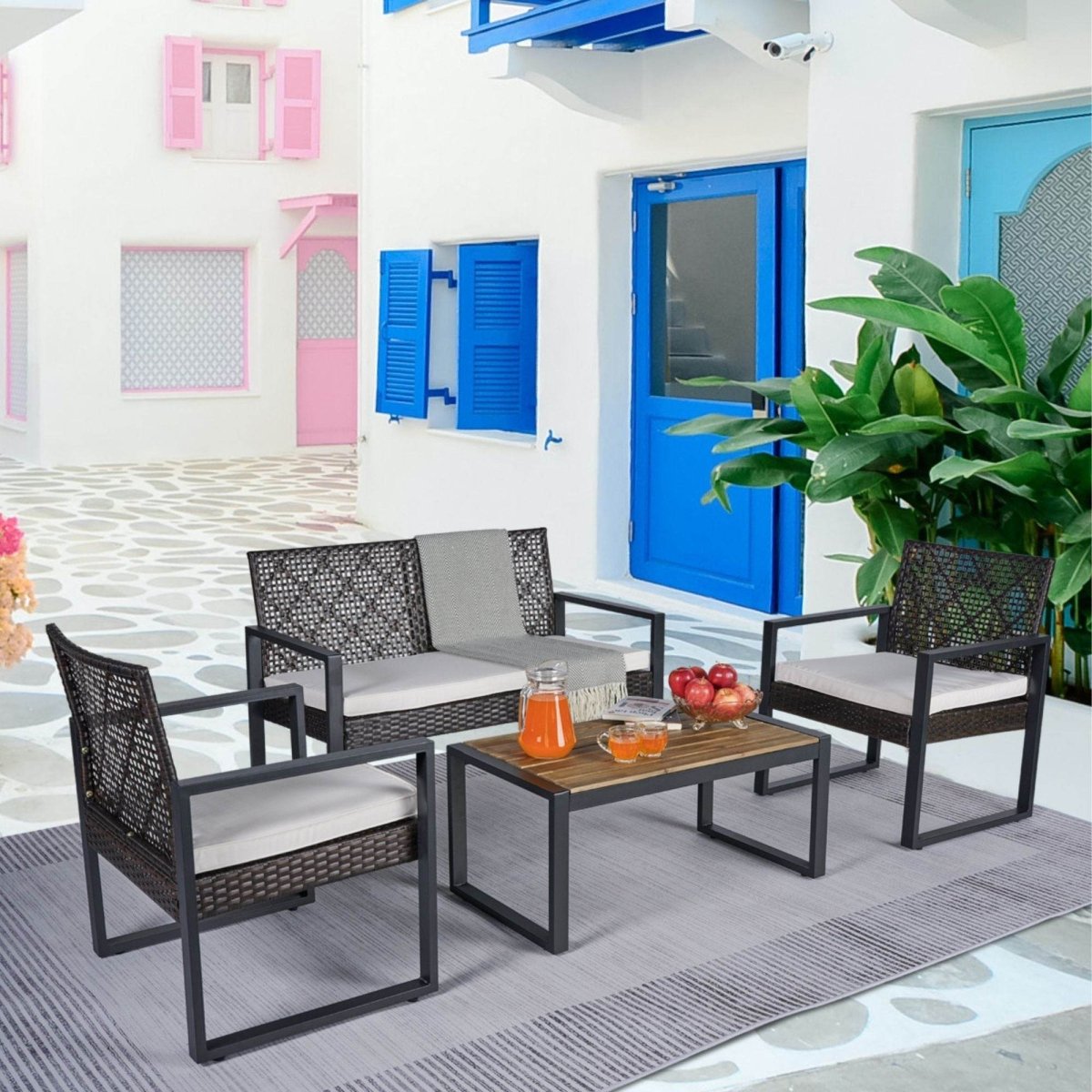 Modern 4 - Piece PE Rattan Acacia Wood Outdoor Furniture Set - Serenova - Omega Lifestyles