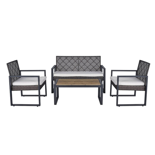 Modern 4 - Piece PE Rattan Acacia Wood Outdoor Furniture Set - Serenova - Omega Lifestyles