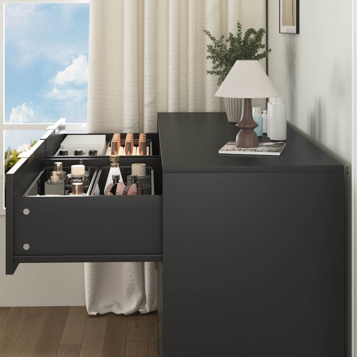 Modern 6 - Drawer Black Particle Board Storage Dresser - Serenova - Omega Lifestyles