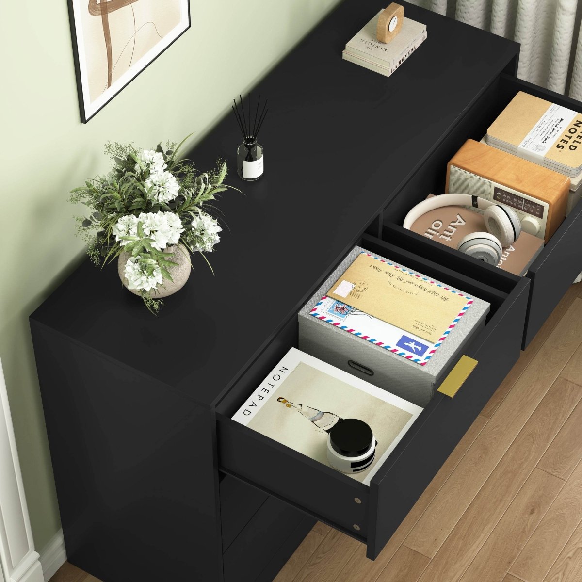 Modern 6 - Drawer Black Particle Board Storage Dresser - Serenova - Omega Lifestyles