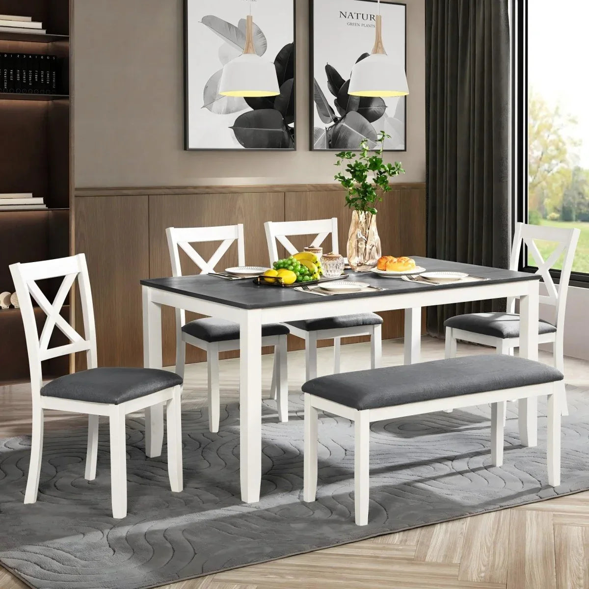 Modern 6-Piece Grey White Wooden Dining Table Set - Omega Lifestyles
