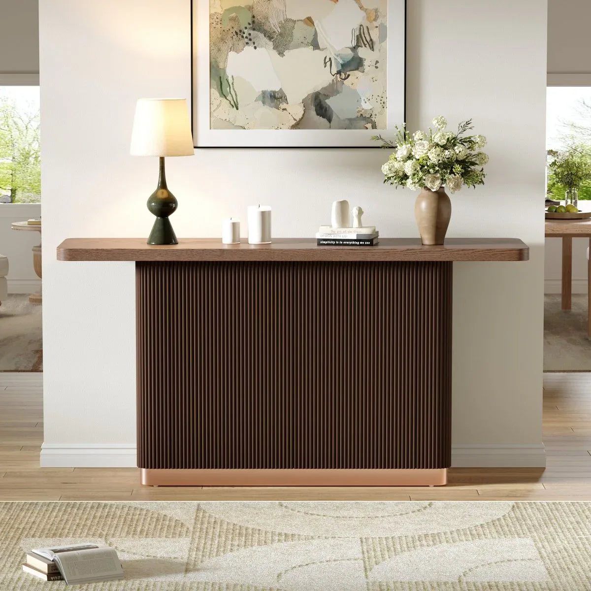 Modern Ash Veneer Pedestal Console Table With Metal Accents - Omega Lifestyles