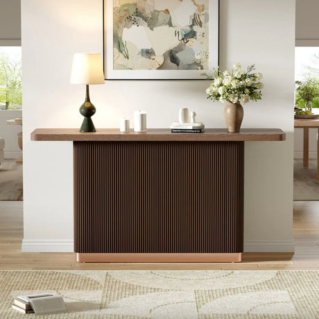 Modern Ash Veneer Pedestal Console Table With Metal Accents - Omega Lifestyles