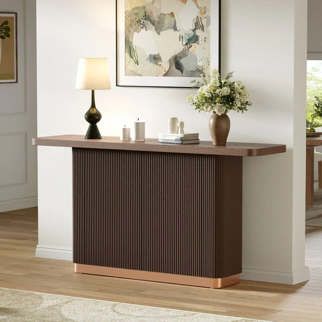 Modern Ash Veneer Pedestal Console Table With Metal Accents - Omega Lifestyles