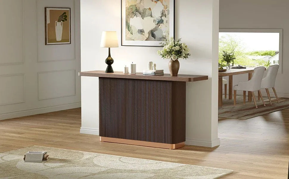 Modern Ash Veneer Pedestal Console Table With Metal Accents - Omega Lifestyles