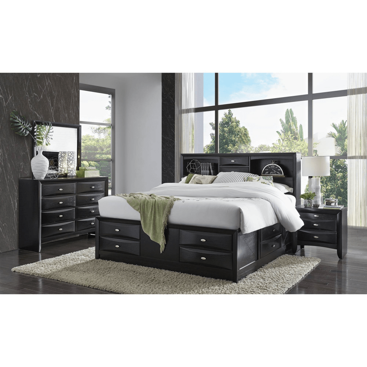 Modern Black Wood Bookcase King Bed Frame With Storage Drawers - Serenova - Omega Lifestyles