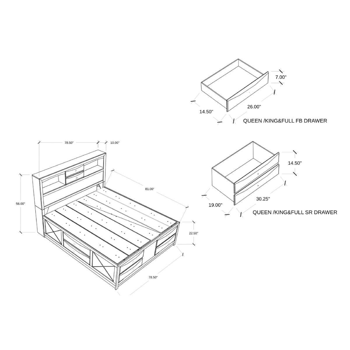 Modern Black Wood Bookcase King Bed Frame With Storage Drawers - Serenova - Omega Lifestyles