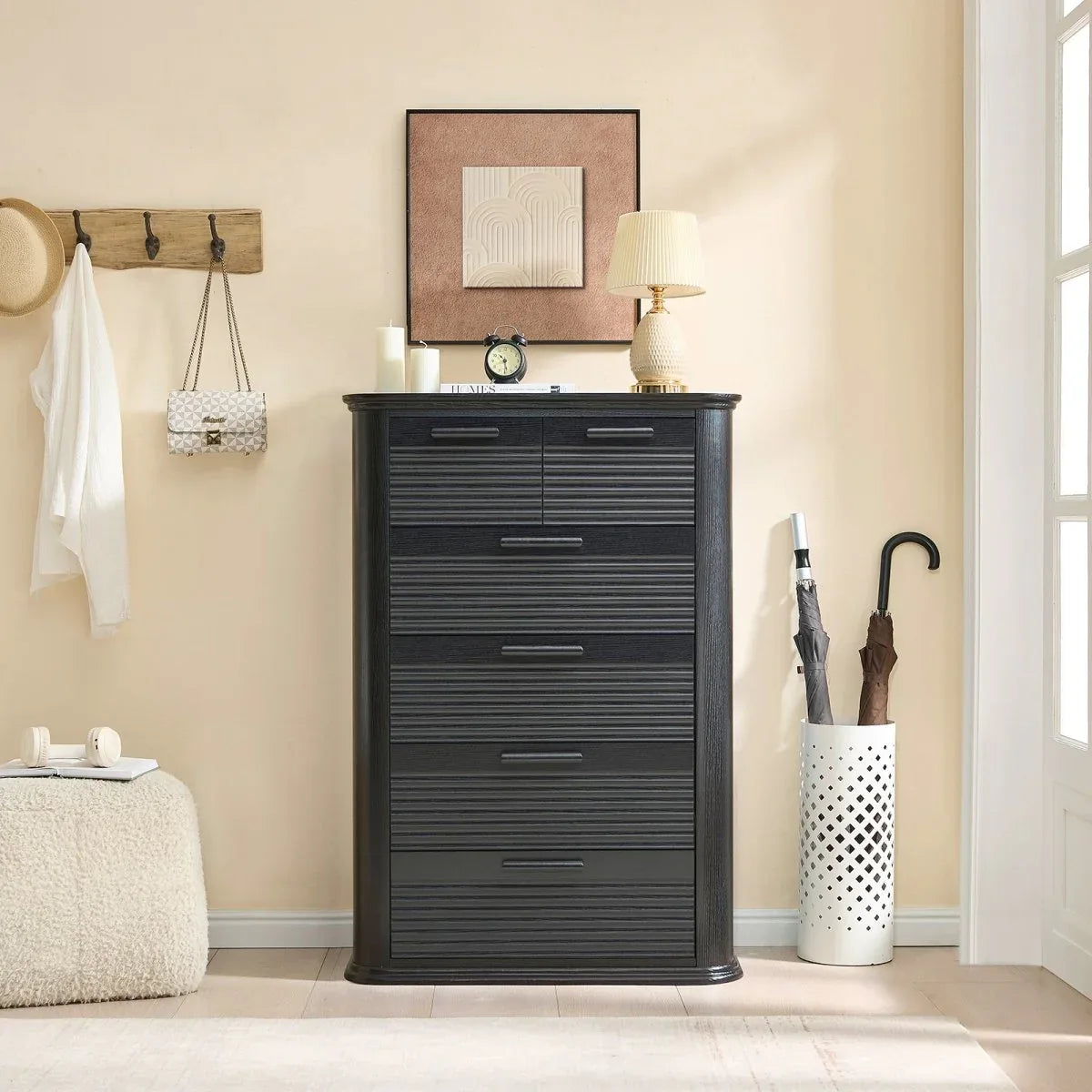 Modern Black Woodgrain 6-Drawer Dresser Storage Cabinet - Omega Lifestyles