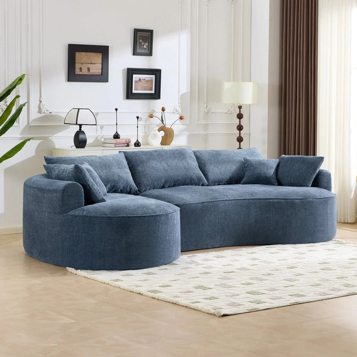 Modern Curved Blue Chenille Foam 5-Seat Sofa - Omega Lifestyles
