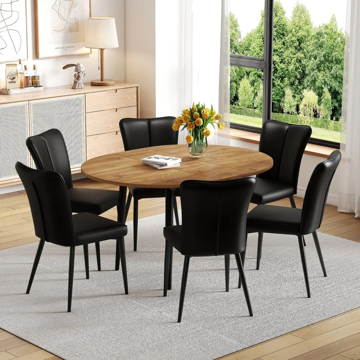 Modern Extendable Round MDF Dining Table With Six Chairs - Omega Lifestyles