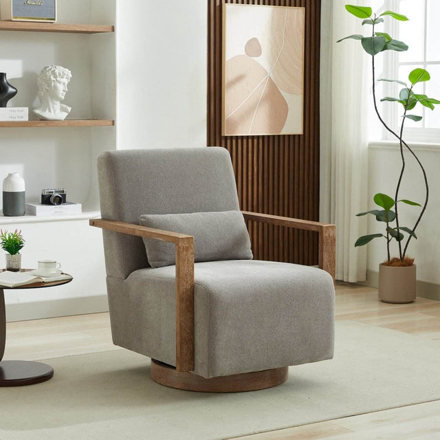 Modern Linen Blend Swivel Accent Chair With Wood Arms - Omega Lifestyles