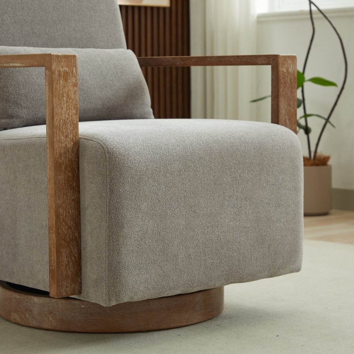 Modern Linen Blend Swivel Accent Chair With Wood Arms - Omega Lifestyles