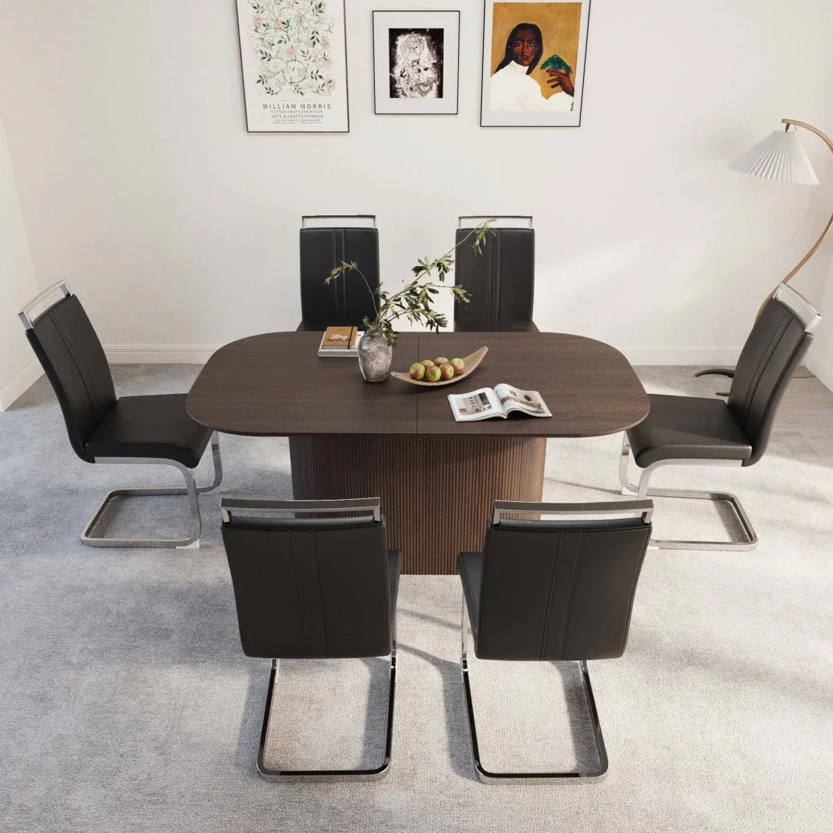 Modern MDF Dining Table With Six PU Armless Chairs Set - Omega Lifestyles