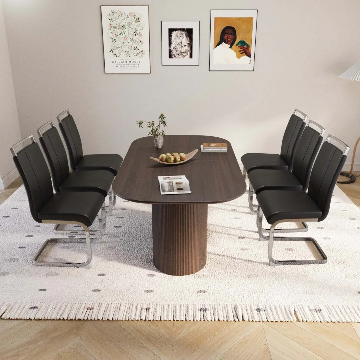 Modern MDF Dining Table With Six PU Armless Chairs Set - Omega Lifestyles