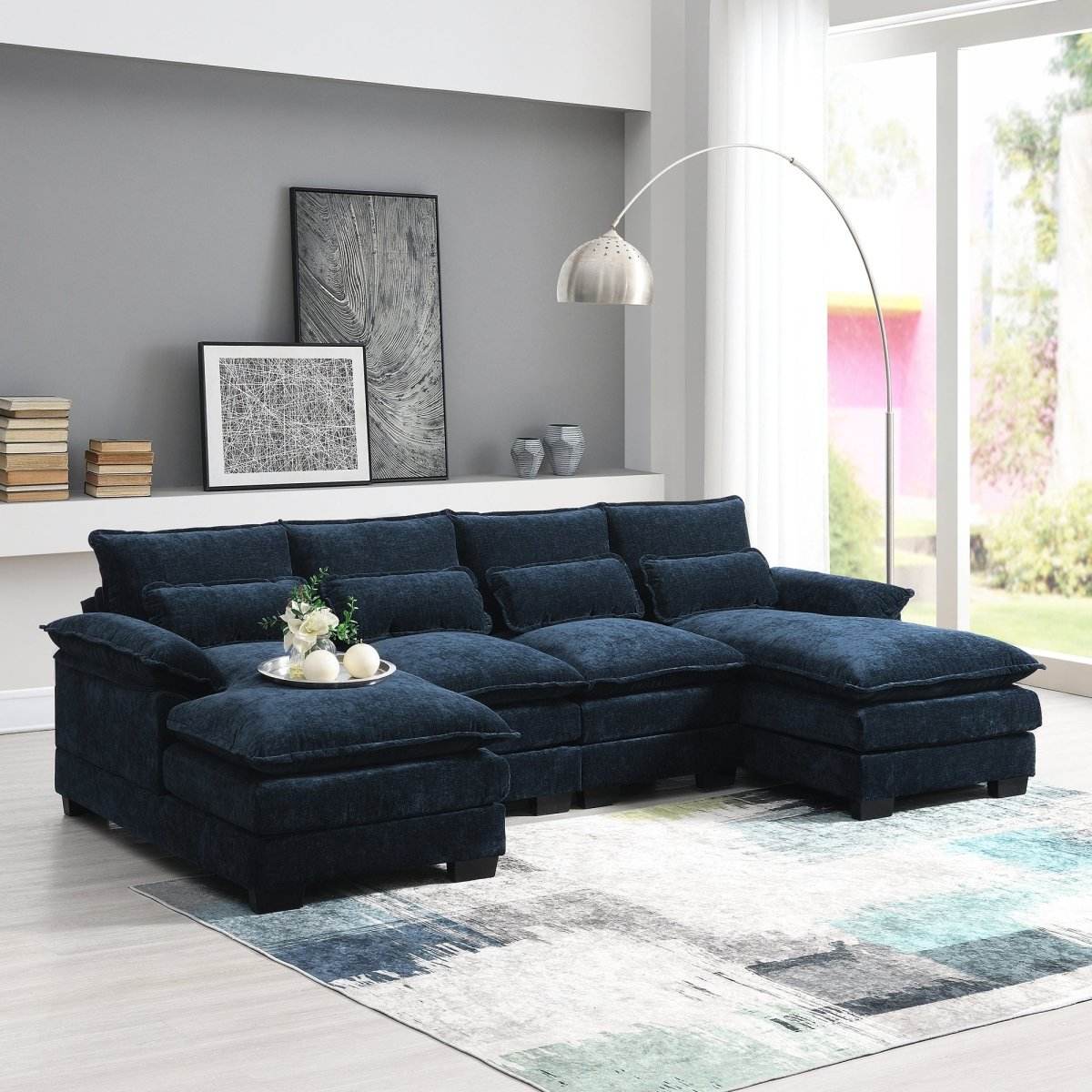 Modern Modular U-Shaped Chenille Sofa With Chaise And Pillows - Omega Lifestyles