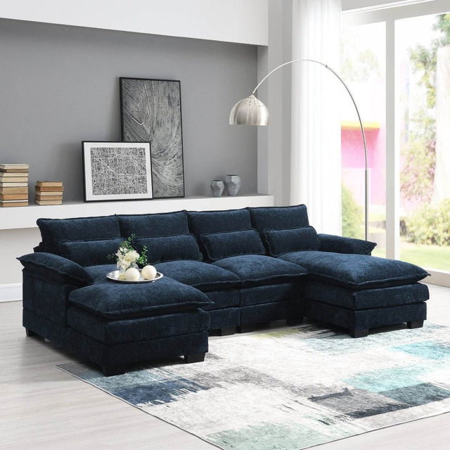 Modern Modular U-Shaped Chenille Sofa With Chaise And Pillows - Omega Lifestyles