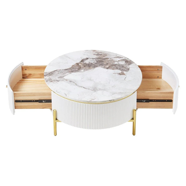 Modern Round Coffee Table With Marble Pattern And Drawers - Omega Lifestyles
