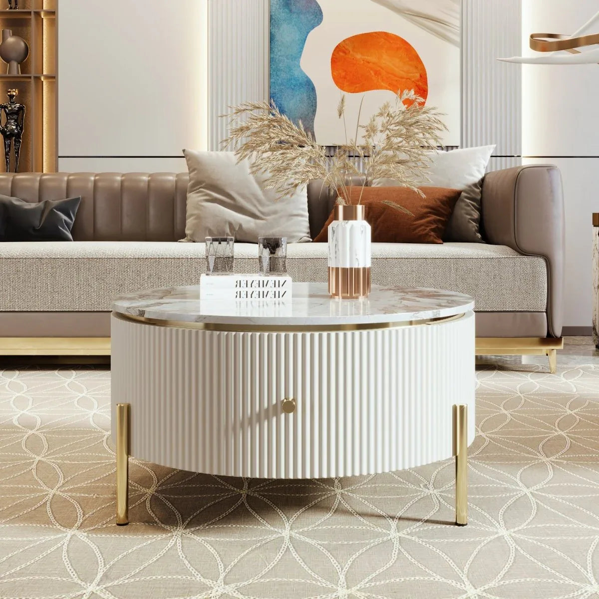 Modern Round Coffee Table With Marble Pattern And Drawers - Omega Lifestyles