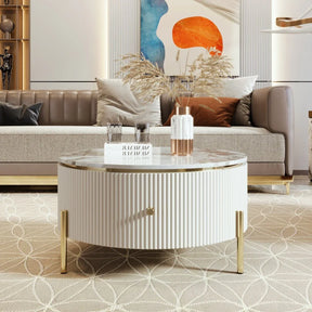 Modern Round Coffee Table With Marble Pattern And Drawers - Omega Lifestyles