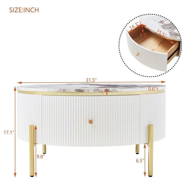 Modern Round Coffee Table With Marble Pattern And Drawers - Omega Lifestyles