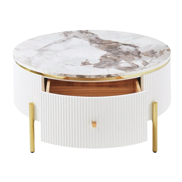Modern Round Coffee Table With Marble Pattern And Drawers - Omega Lifestyles
