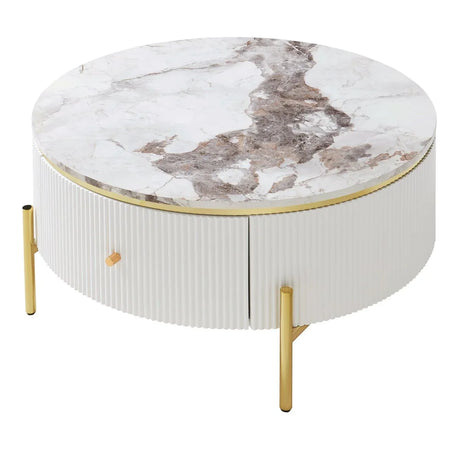 Modern Round Coffee Table With Marble Pattern And Drawers - Omega Lifestyles