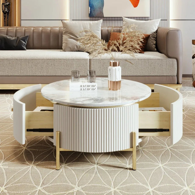 Modern Round Coffee Table With Marble Pattern And Drawers - Omega Lifestyles