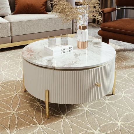 Modern Round Coffee Table With Marble Pattern And Drawers - Omega Lifestyles