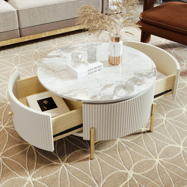 Modern Round Coffee Table With Marble Pattern And Drawers - Omega Lifestyles
