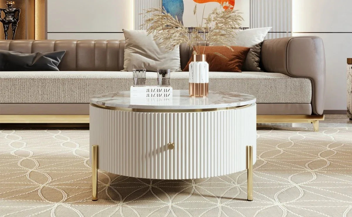 Modern Round Coffee Table With Marble Pattern And Drawers - Omega Lifestyles