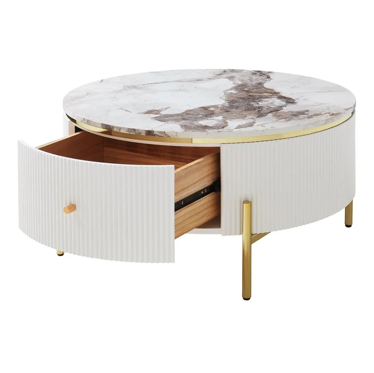 Modern Round Coffee Table With Marble Pattern And Drawers - Omega Lifestyles