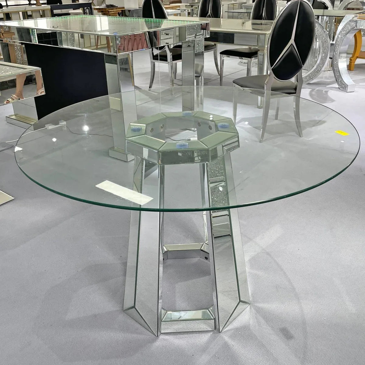 Modern Round Tempered Glass Dining Table With Mirror Base - Omega Lifestyles