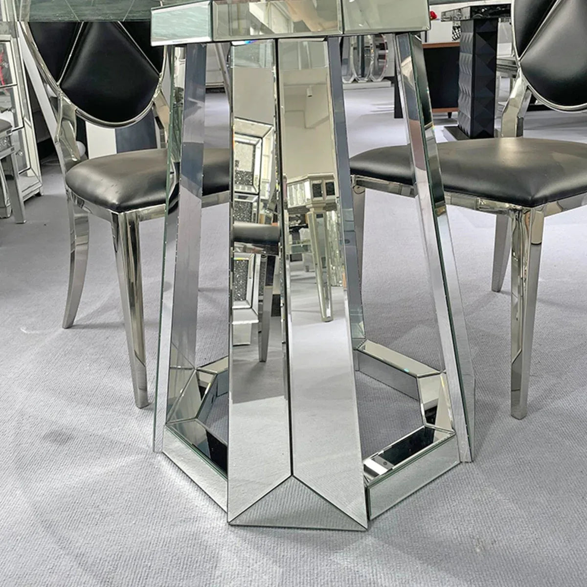Modern Round Tempered Glass Dining Table With Mirror Base - Omega Lifestyles