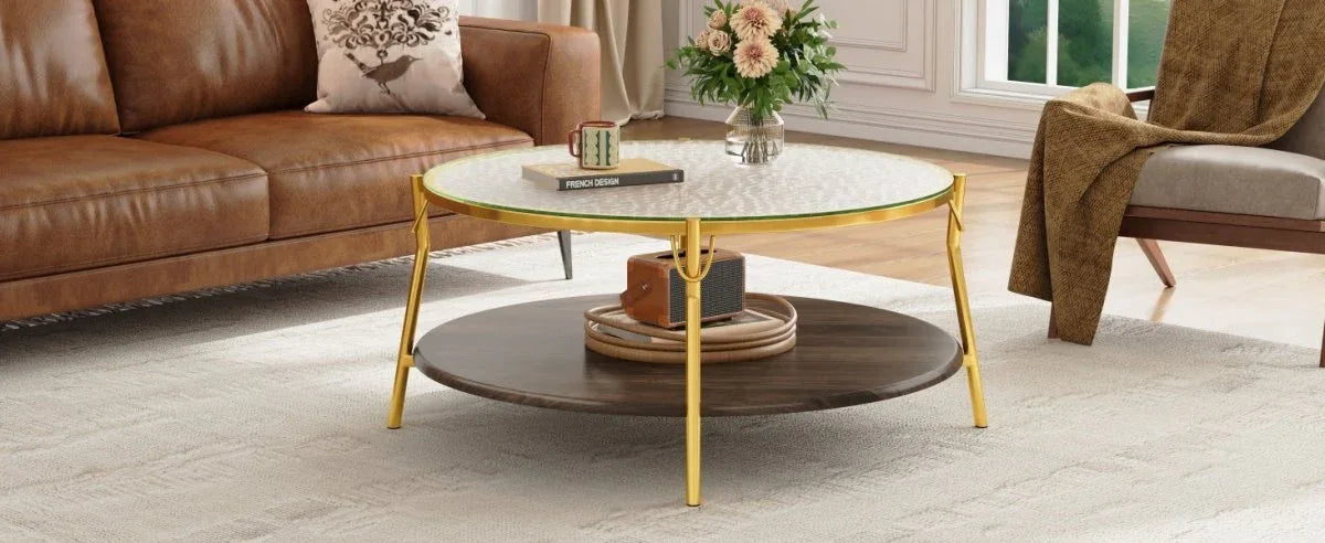 Modern Round Walnut Glass Top 2-Tier Coffee Table - Omega Lifestyles