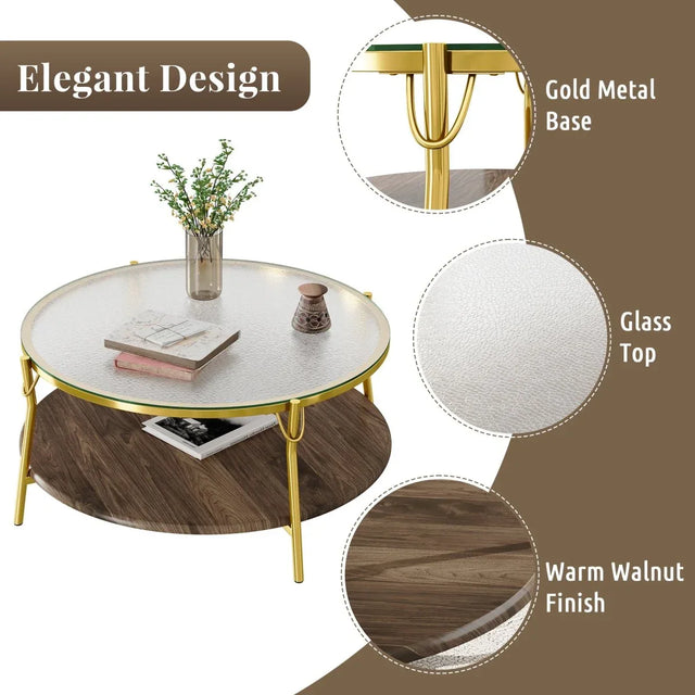 Modern Round Walnut Glass Top 2-Tier Coffee Table - Omega Lifestyles