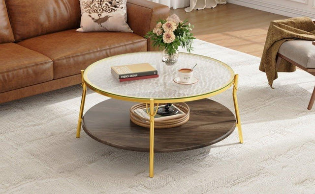 Modern Round Walnut Glass Top 2-Tier Coffee Table - Omega Lifestyles