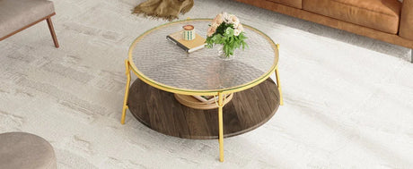 Modern Round Walnut Glass Top 2-Tier Coffee Table - Omega Lifestyles