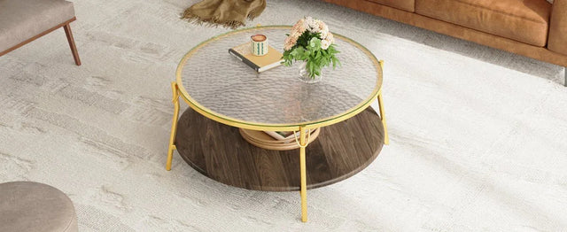 Modern Round Walnut Glass Top 2-Tier Coffee Table - Omega Lifestyles